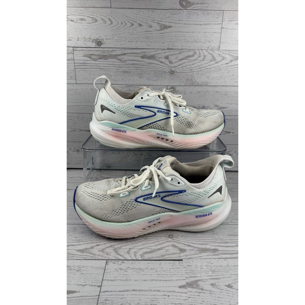Brooks Glycerin GTS 22 Shoes Women Sz 8 White Limpet Shell Blue Running #558